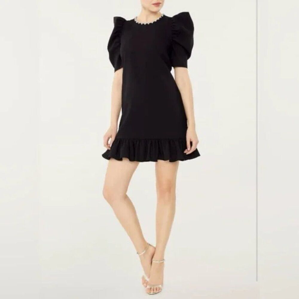 LIKELY NEW Rosie Black Mini Dress Short Puff Sleeves Ruffle crystals Sz 4 $298